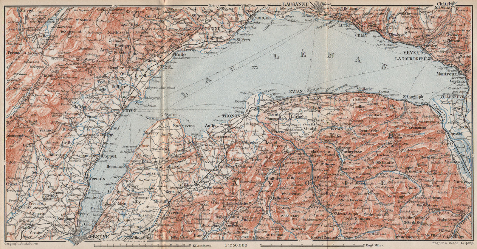 LAKE GENEVA/LAC LÉMAN. St Cergue Chatel St Jean d'Aulph Lausanne Evian 1897 map